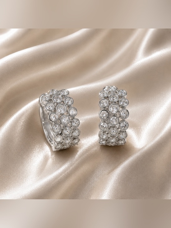 Jewelry - Beautiful Silver Tone Hoop Huggies with Zirconia Crystal Accents Brand New